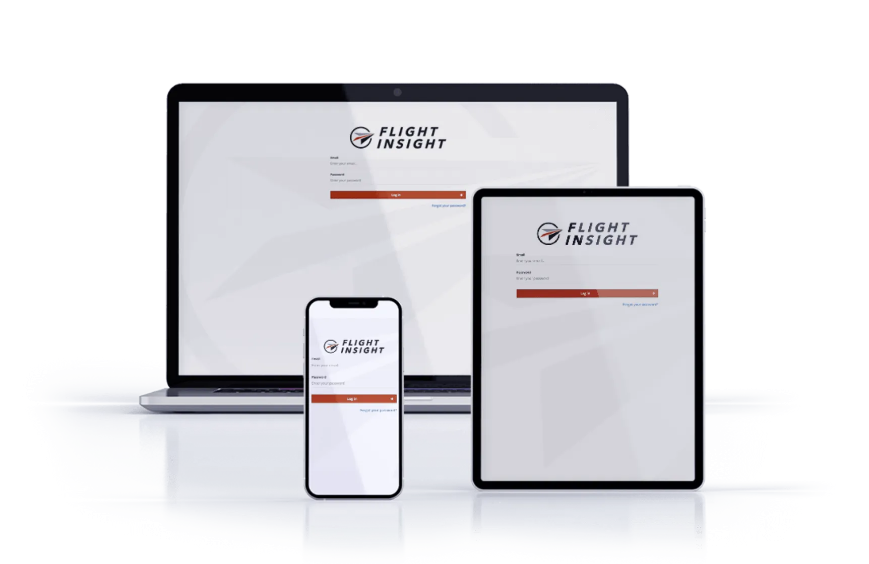 Flight Insight Portal login screen on a laptop, a tablet and a phone